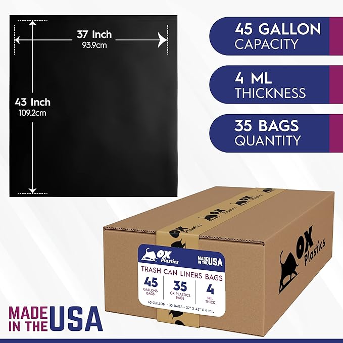 45 Gallon Capacity 4 mil Thick Extra Heavy Duty Garbage Bag 37" x 43" (35 Count)