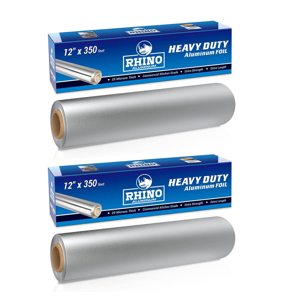 Rhino Aluminum Foil Wrap | Heavy-Duty, Commercial Grade for Food Service Industry | Silver Foil for Cooking, Roasting, Baking, BBQ & Parties | 25 Microns, 12 Inches x 350 Feet (2-Pack)