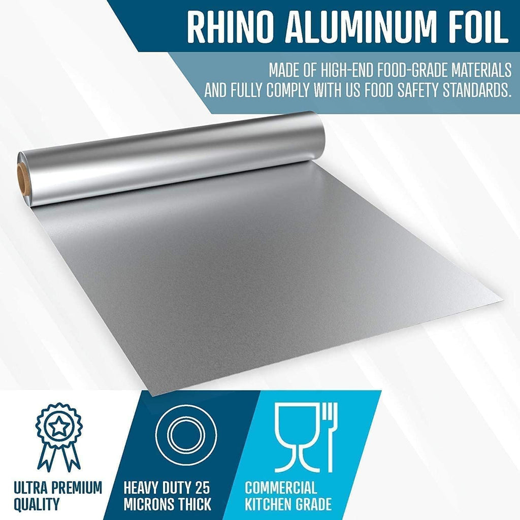 Rhino Aluminum Foil Wrap | Heavy-Duty, Commercial Grade for Food Service Industry | Silver Foil for Cooking, Roasting, Baking, BBQ & Parties | 25 Microns, 18 Inches x 525 Feet (4-Pack)