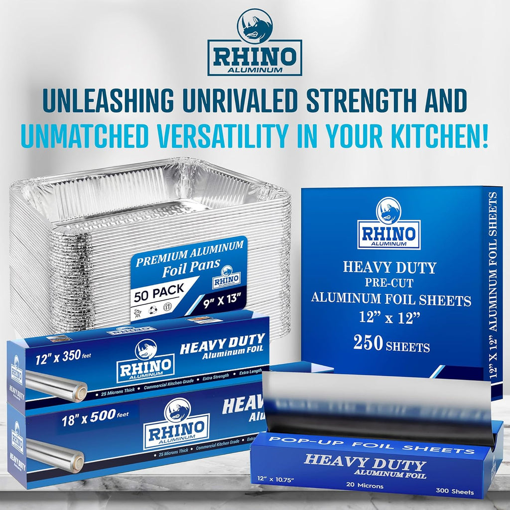 Rhino Aluminum Foil Wrap | Heavy-Duty, Commercial Grade for Food Service Industry | Silver Foil for Cooking, Roasting, Baking, BBQ & Parties | 25 Microns, 18 Inches x 525 Feet (4-Pack)