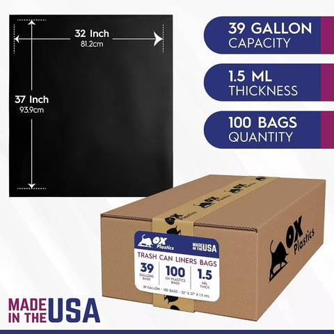 39 Gallon Capacity 1.5 mil Thick Extra Heavy Duty Garbage Bag 32" x 37"