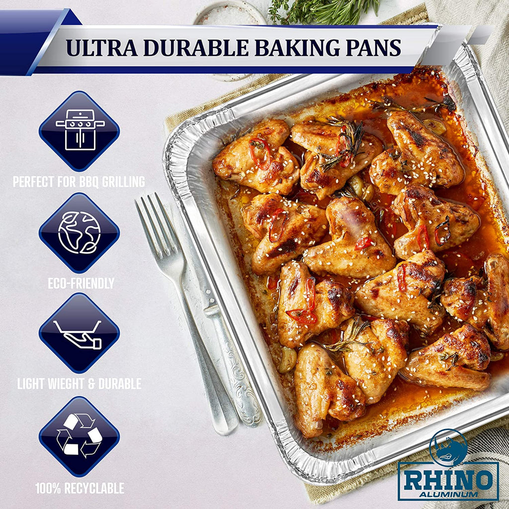 Rhino Aluminum Heavy Duty Aluminum Foil Pans 9x13 Disposable | Half Size Deep Baking Pans | Superior and Premium Quality | Meant for Baking, Grilling, Catering, Roasting, BBQ, Food Prep & Food Storage | Made in USA