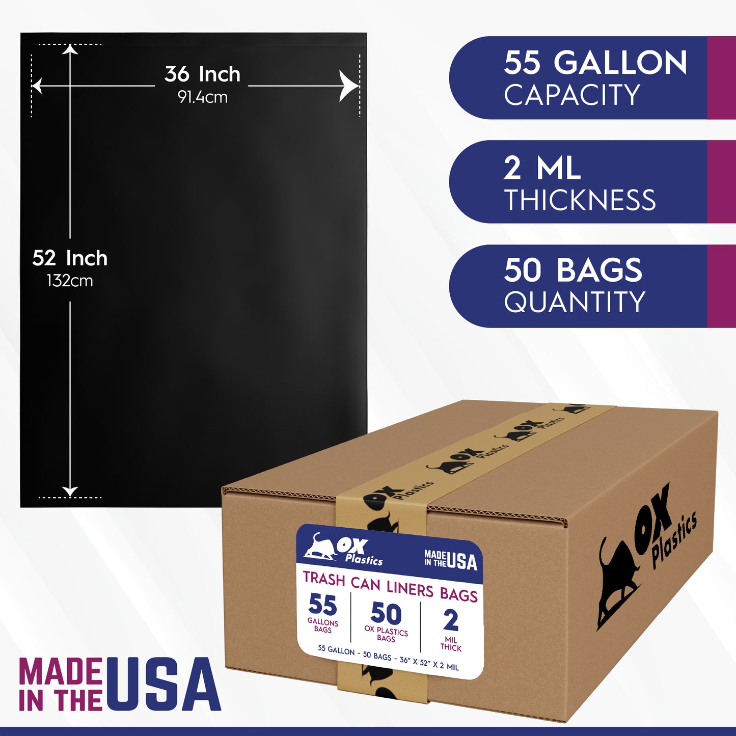55 Gallon Capacity 2 mil Thick Extra Heavy Duty Garbage Bag 36" x 52" (50 Count)