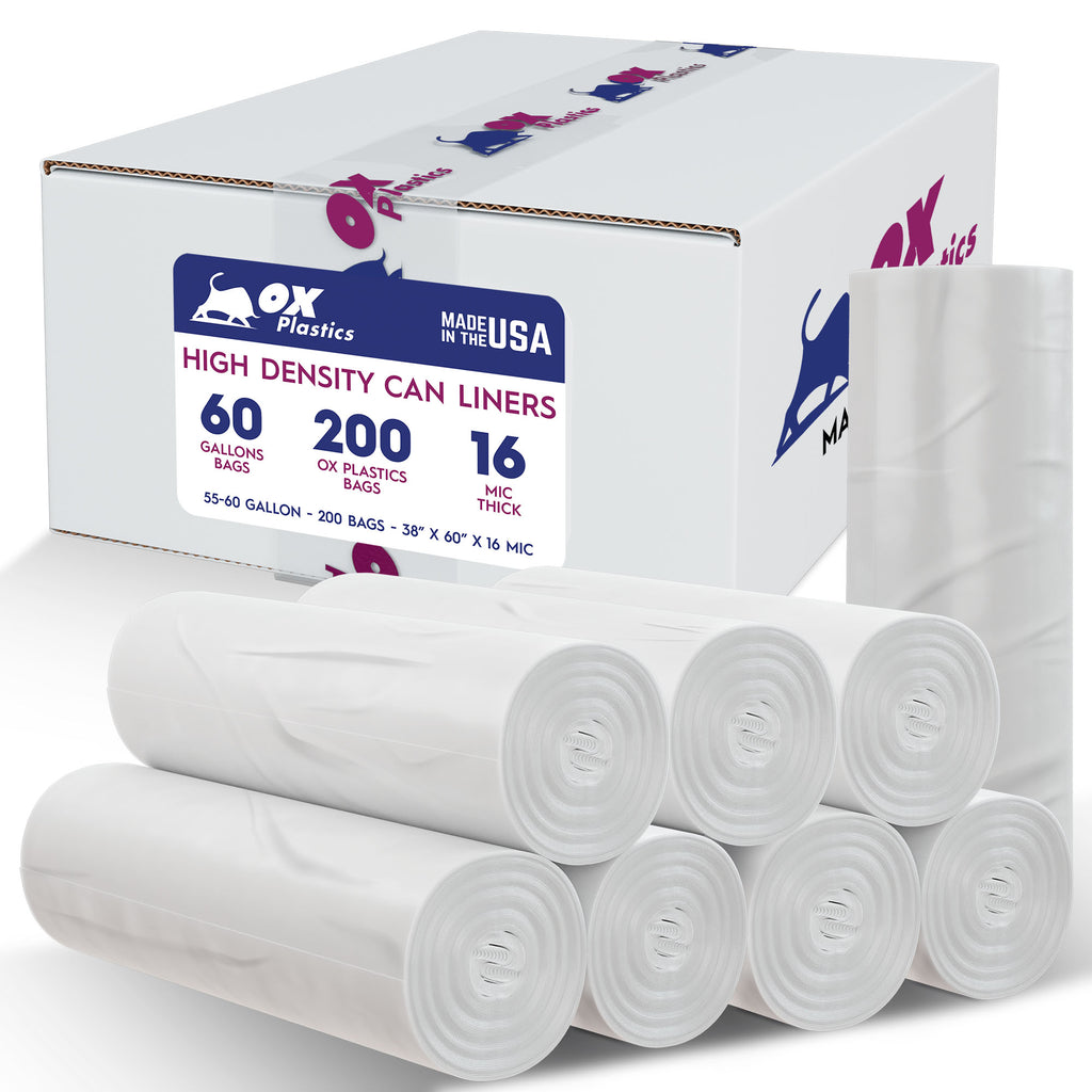 Ox Plastics 55-60 Gallon Trash Can Liner, High Density 38”x60”, 200 Bags