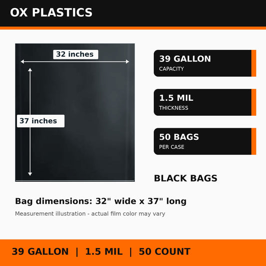 39 gallon black trash bag measurement illustration, 32 x 37 inches, 1.5 mil, 50 count