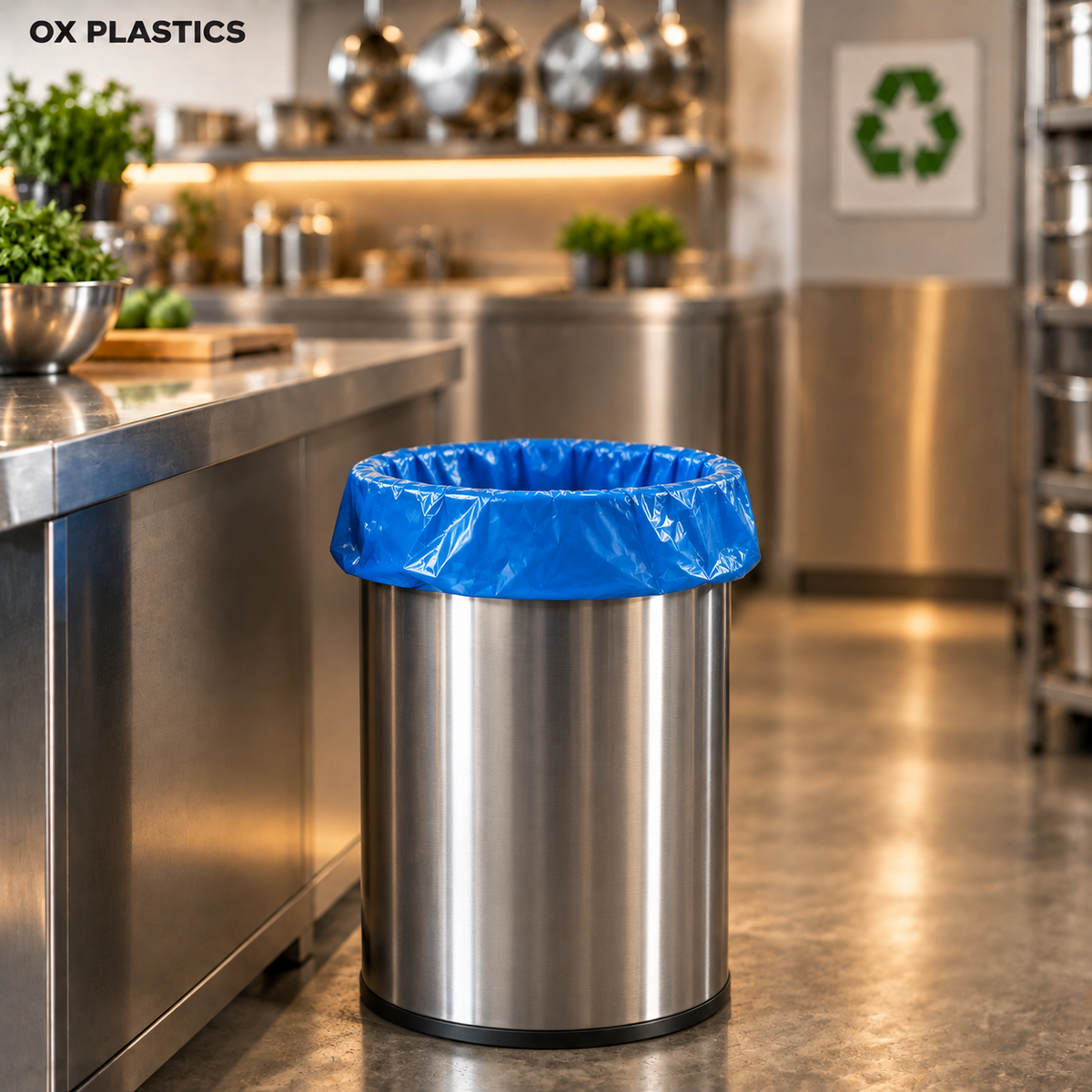 Blue trash bag lining a stainless steel can in a commercial kitchen (AI-generated illustration)