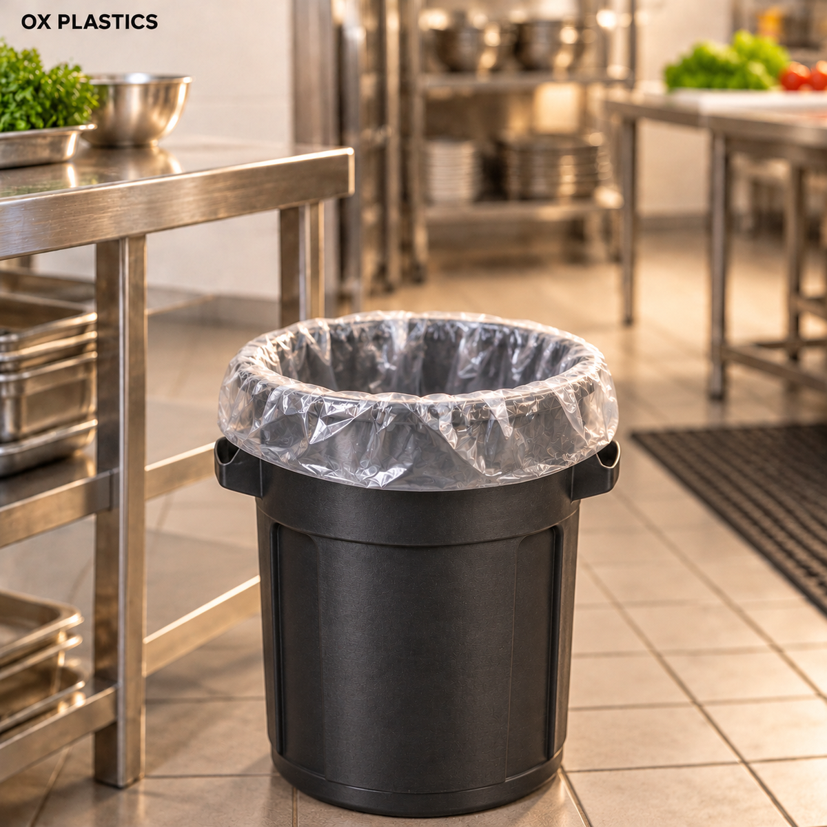 Black trash can lined with a clear plastic bag in a commercial kitchen (AI-generated illustration)