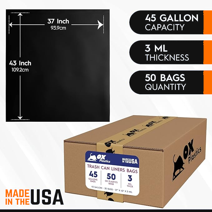 OX Plastics 42-46 gallon 3 mil black trash bags, 37" x 43", 50 count (photo 2)