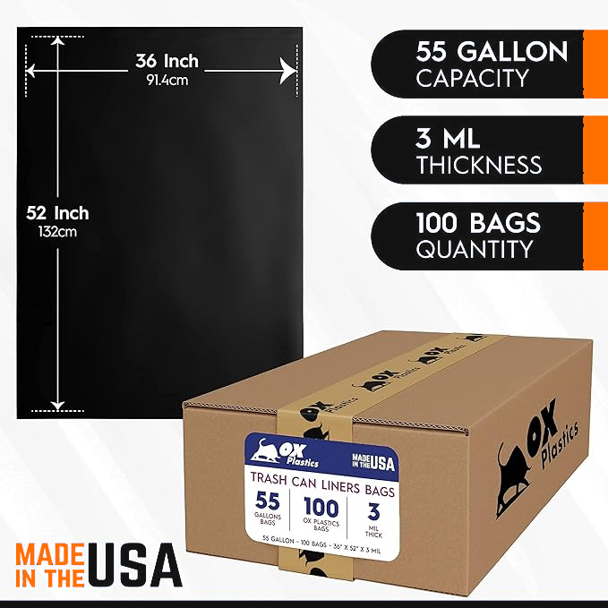 OX Plastics 55 gallon 3 mil black trash bags, 36" x 52", 100 count (photo 2)