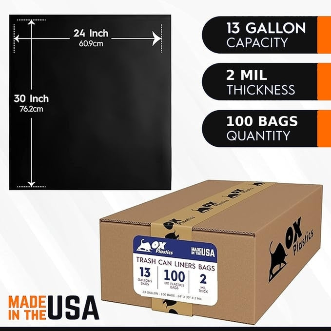 OX Plastics 13 gallon black trash bags, 2 mil thick, 24 x 30 inches, 100 bags per box