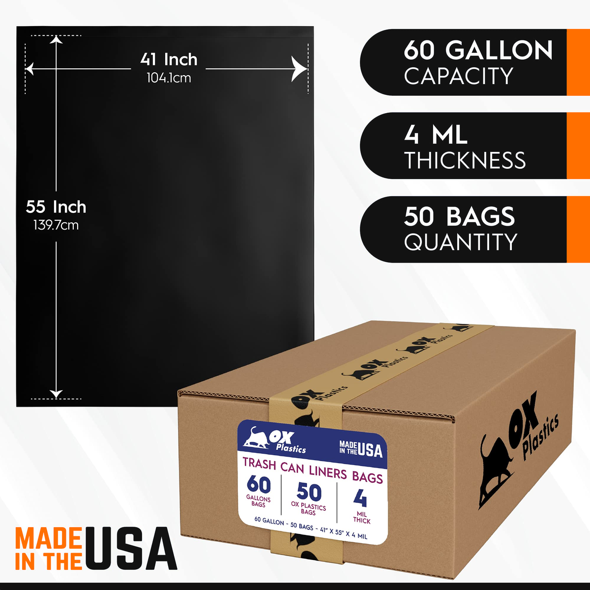OX Plastics 60 gallon 4 mil black trash bags, 41" x 55"