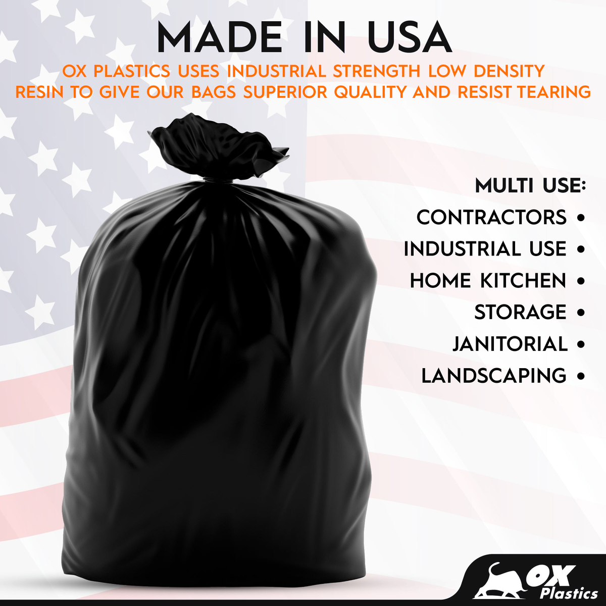 OX Plastics 42-46 gallon black trash bags, 37" x 43"
