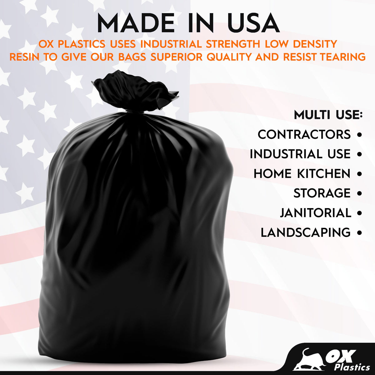OX Plastics black trash bag with Made in USA and multi-use graphic