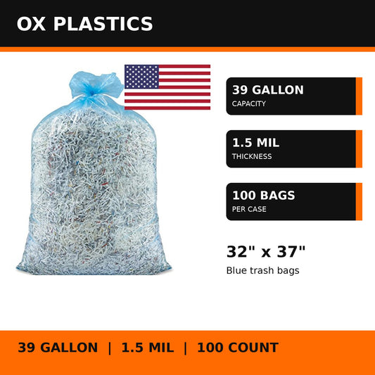 39 Gallon Trash Bags, 1.5 Mil, 32" x 37", Blue, 100 Count