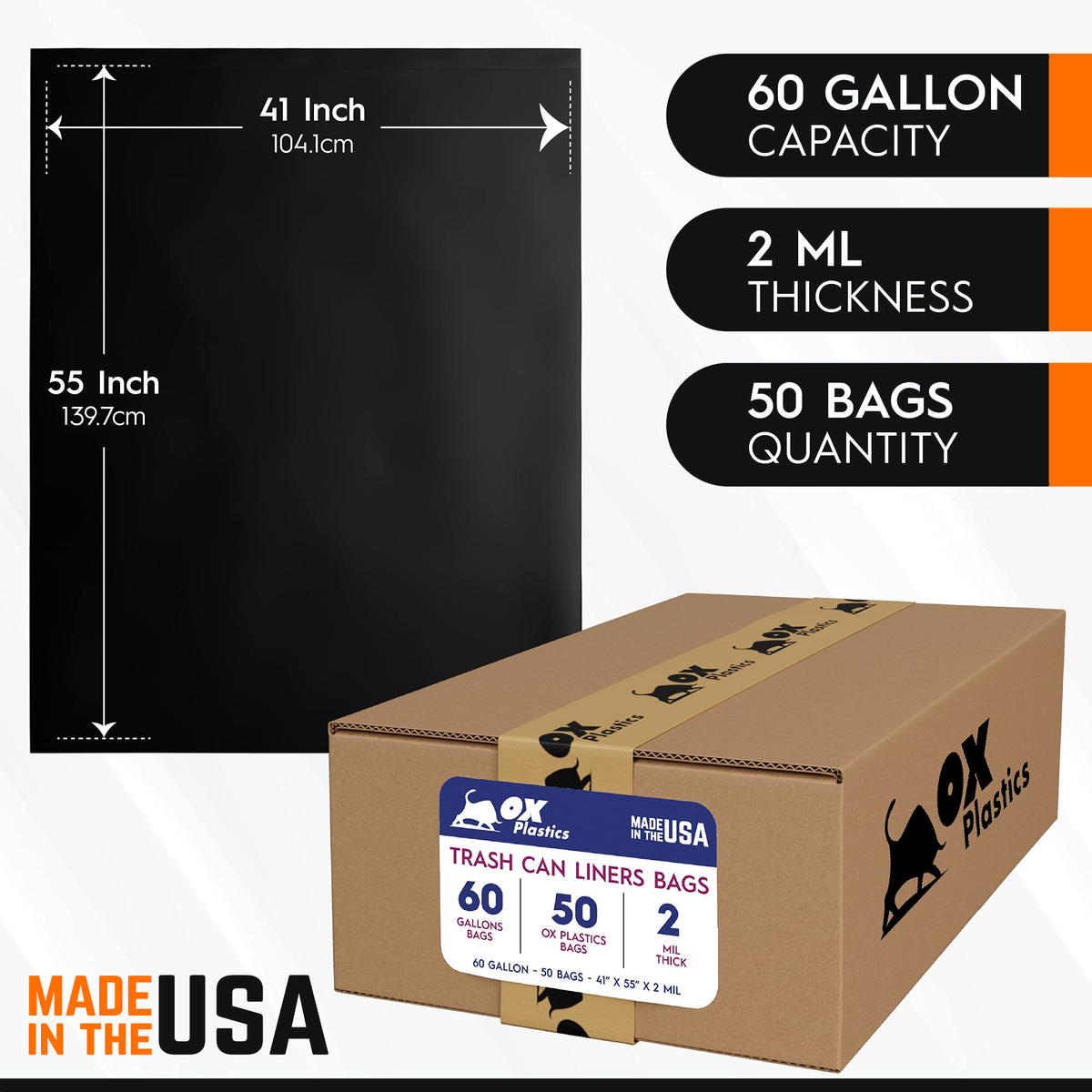 OX Plastics 60 gallon 2 mil black trash bags, 41" x 55", 50 count (photo 2)