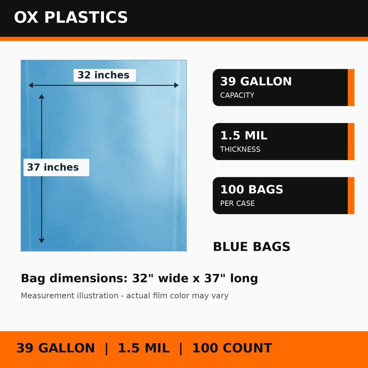 39 Gallon Trash Bags, 1.5 Mil, 32" x 37", Blue, 100 Count