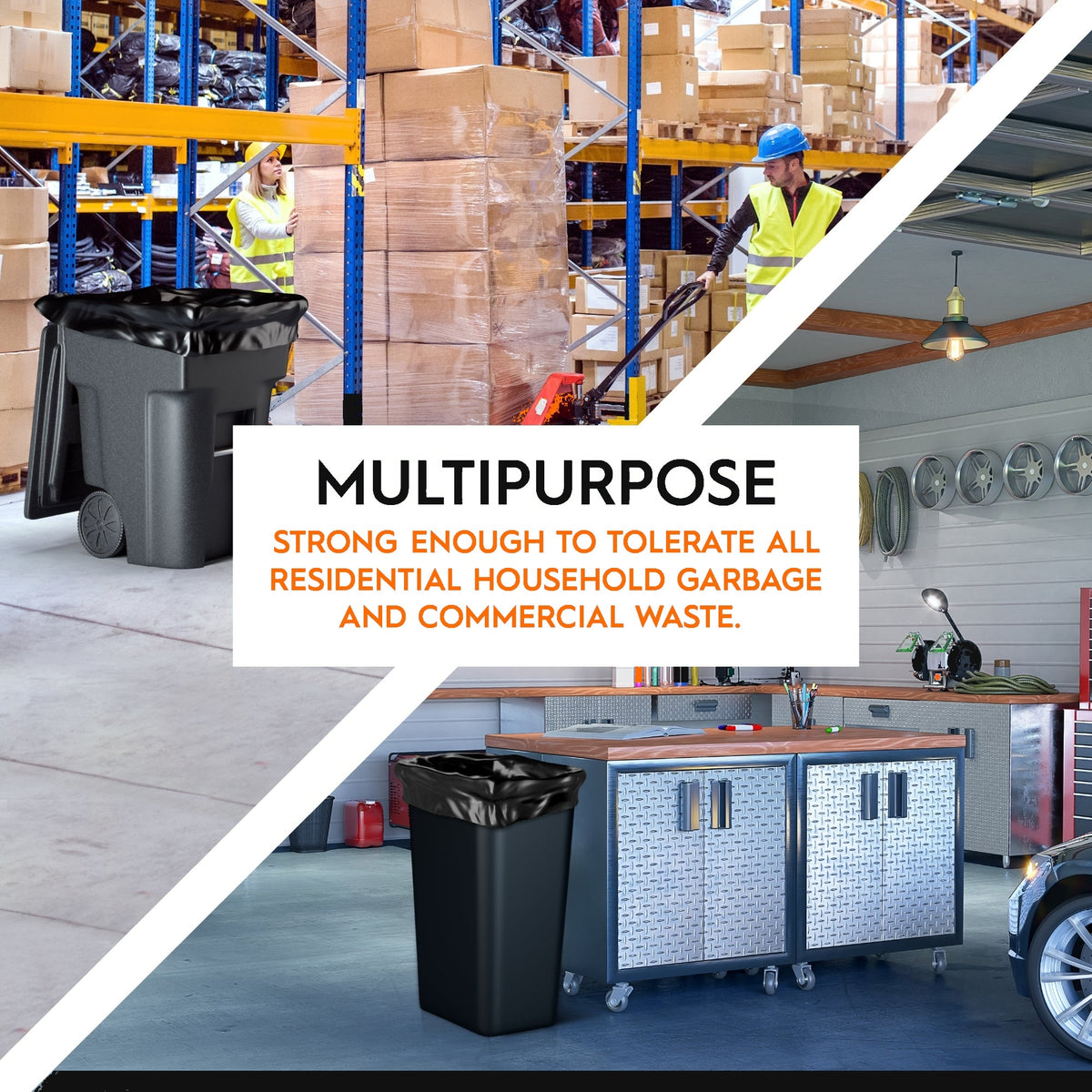 OX Plastics multipurpose black trash bags shown in warehouse, home and workshop settings