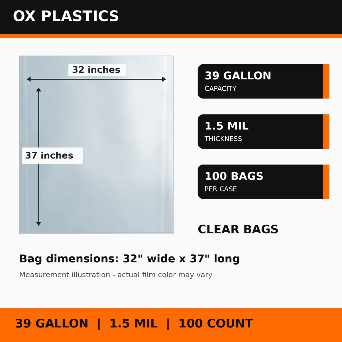 39 Gallon Trash Bags, 1.5 Mil, 32" x 37", Clear, 100 Count