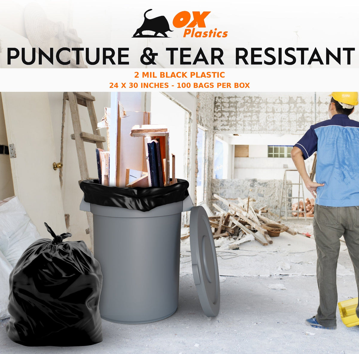 OX Plastics 2 mil black trash bags in cleanup setting, 24 x 30 inches, 100 bags per box