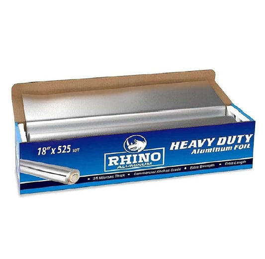 Rhino Aluminum Foil Wrap | Heavy-Duty, Commercial Grade for Food Service Industry | Silver Foil for Cooking, Roasting, Baking, BBQ & Parties | 25 Microns, 18 Inches x 525 Feet (1-Pack)