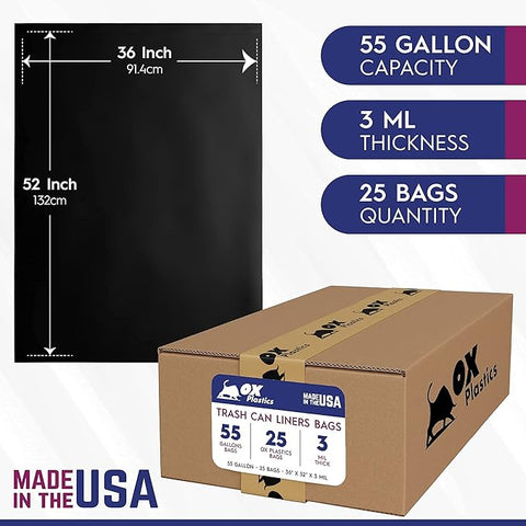 55 Gallon Capacity 3 mil Thick  Extra Heavy Duty Garbage Bag 36" x 52"