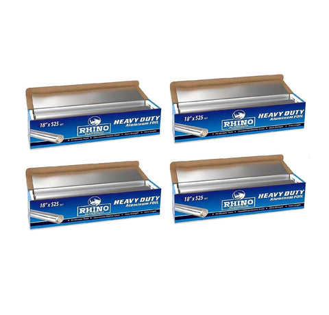 Rhino Aluminum Foil Wrap | Heavy-Duty, Commercial Grade for Food Service Industry | Silver Foil for Cooking, Roasting, Baking, BBQ & Parties | 25 Microns, 18 Inches x 525 Feet (4-Pack)