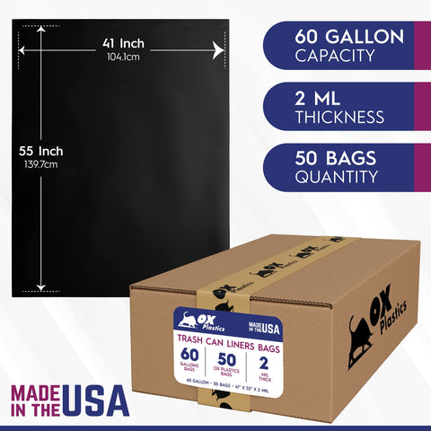 60 Gallon Capacity 2 mil Thick Extra Heavy Duty Garbage Bag 41" x 55"