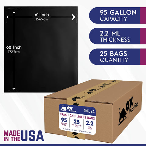 95 Gallon Capacity 2.2 mil Thick Extra Heavy Duty Garbage Bag 61" x 68"