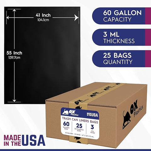 60 Gallon Capacity 3 mil Thick Extra Heavy Duty Garbage Bag 41" x 55"