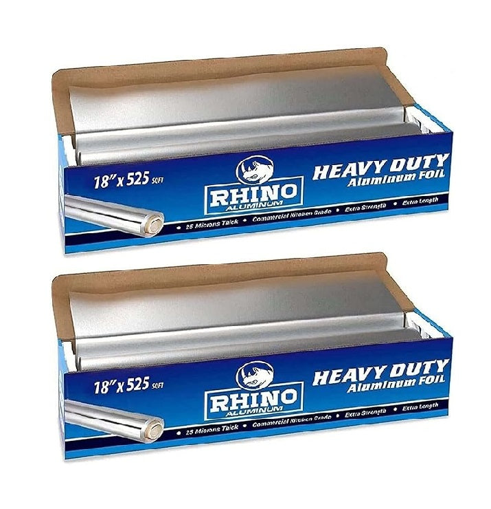 Rhino Aluminum Foil Wrap | Heavy-Duty, Commercial Grade for Food Service Industry | Silver Foil for Cooking, Roasting, Baking, BBQ & Parties | 25 Microns, 18 Inches x 525 Feet (2-Pack)