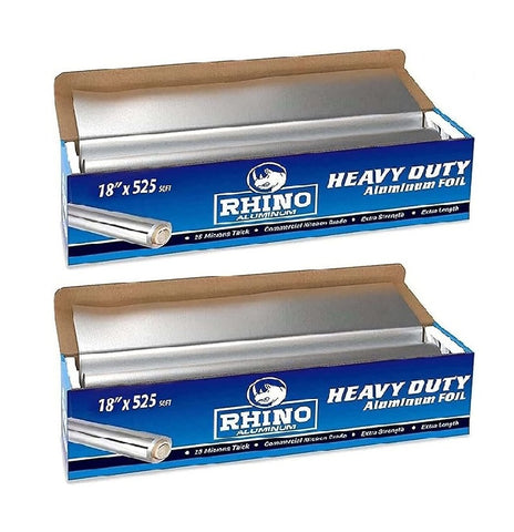 Rhino Aluminum Foil Wrap | Heavy-Duty, Commercial Grade for Food Service Industry | Silver Foil for Cooking, Roasting, Baking, BBQ & Parties | 25 Microns, 18 Inches x 525 Feet (2-Pack)