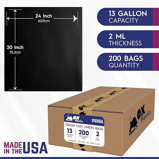 13 Gallon Capacity 2 mil Thick Extra Heavy Duty Garbage Bag 24" x 30" (200 Count)