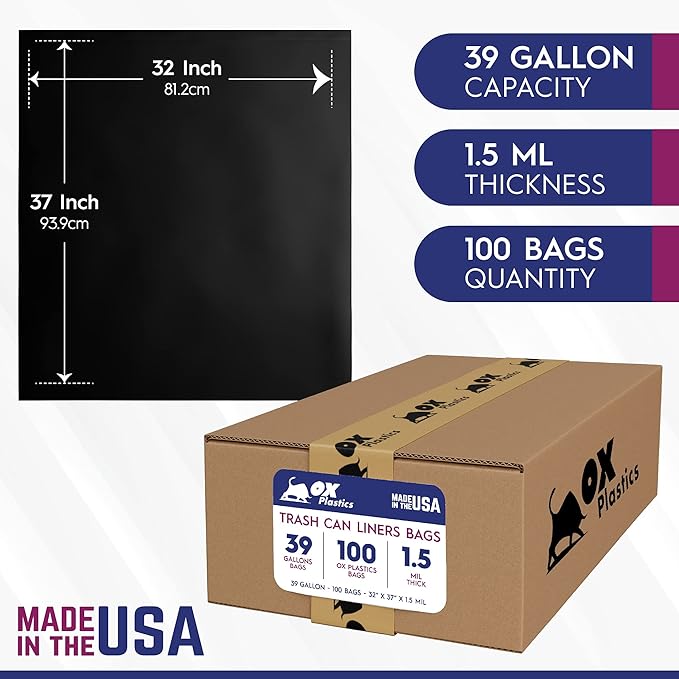 39 Gallon Capacity 1.5 mil Thick Extra Heavy Duty Garbage Bag 37" x 43" (100 Count)