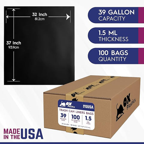 39 Gallon Capacity 1.5 mil Thick Extra Heavy Duty Garbage Bag 37" x 43"