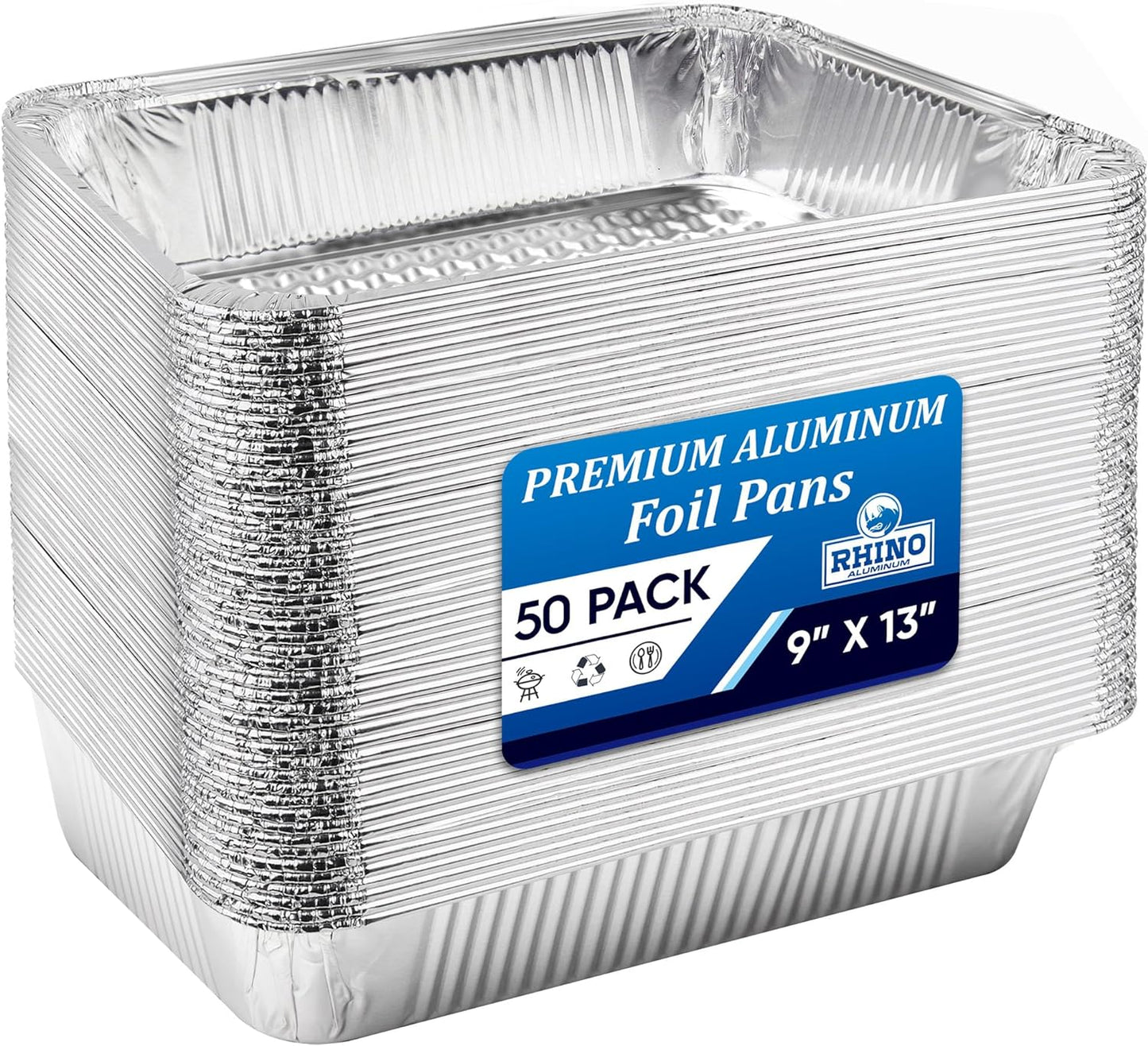 Heavy Duty Aluminum Pans 50 pack - Premium Quality Foil Pans with No Lids - Aluminum Baking Pans Freezer & Oven Safe Meant for Baking,Grilling,BBQ,Roasting Food Prep & Storage Made in USA (9x13 Inch)
