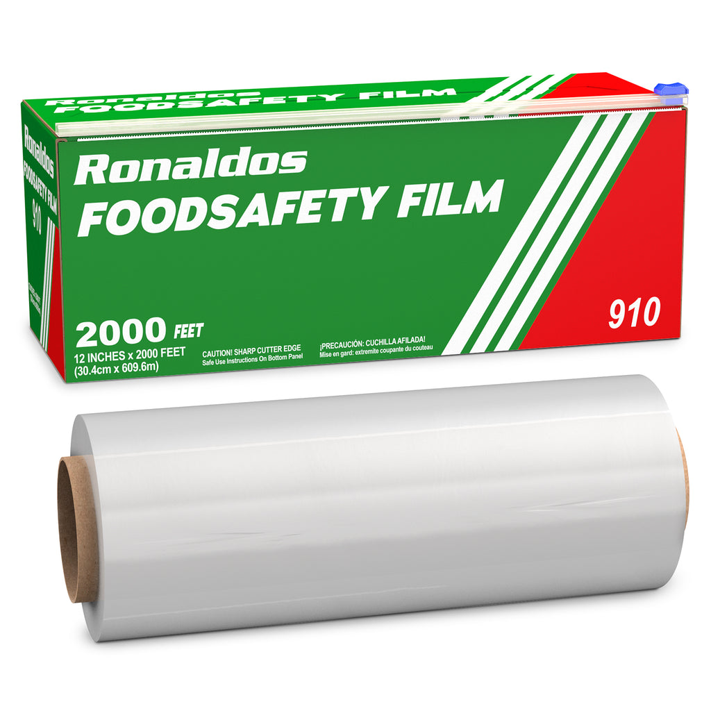 Ronaldos Food Safety Film, 18 inch x 2000ft Plastic Wrap, Commercial Grade, Great for Sealing and Storage, Used for Food Service Industry, Easy to Use Slide Cutter for Clean Cut Use