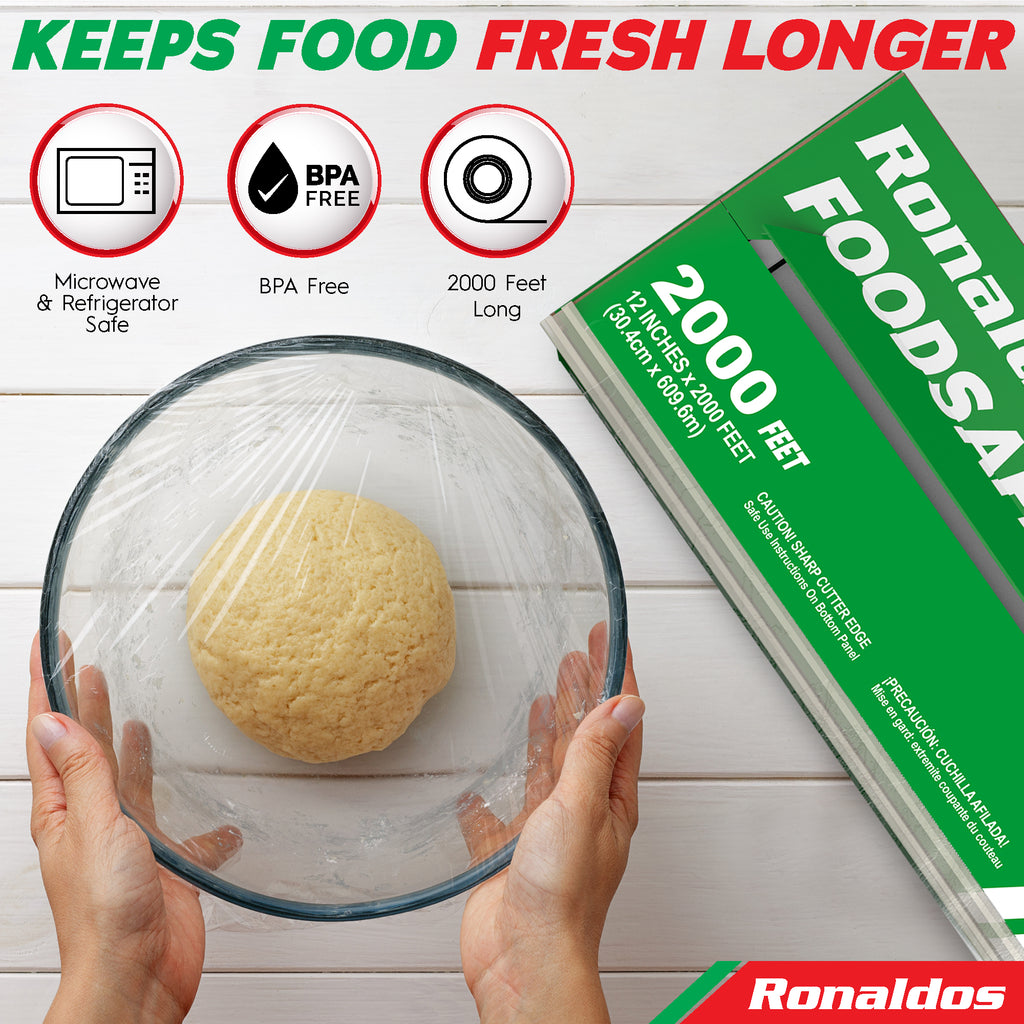 Ronaldos Food Safety Film, 18 inch x 2000ft Plastic Wrap, Commercial Grade, Great for Sealing and Storage, Used for Food Service Industry, Easy to Use Slide Cutter for Clean Cut Use