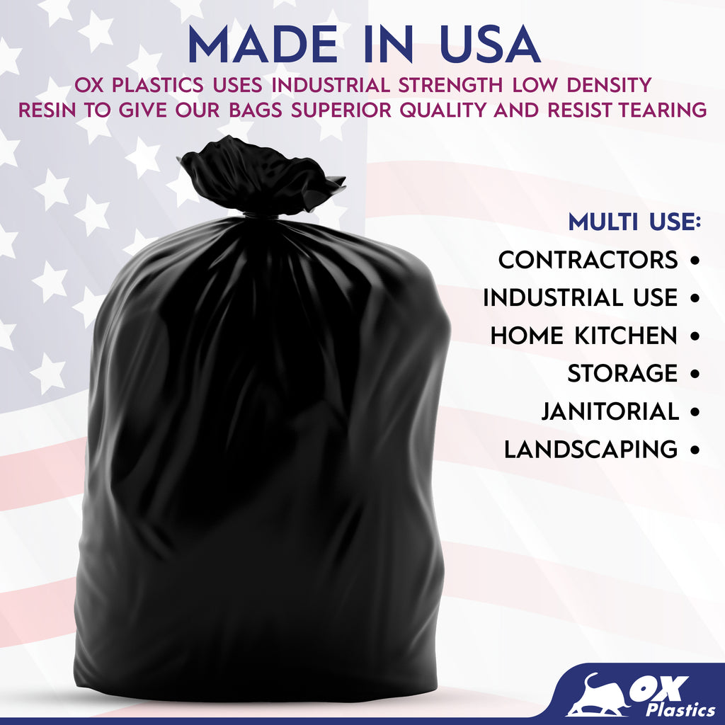 Ox Plastics 42-46 Gallon Capacity Contractor Bags -  4mil Thick Extra Heavy Duty Strength and Thickness - Large Garbage, Leak-Proof & Durable, House & Commercial Use Bags | Black | Made in USA